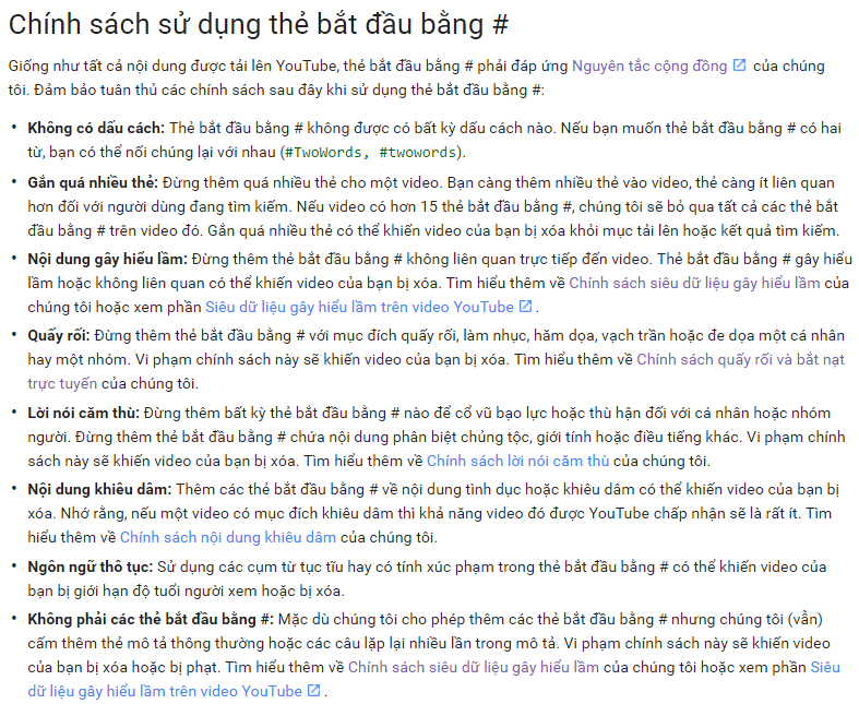 Chính sách sử dụng thẻ hashtag Youtube #