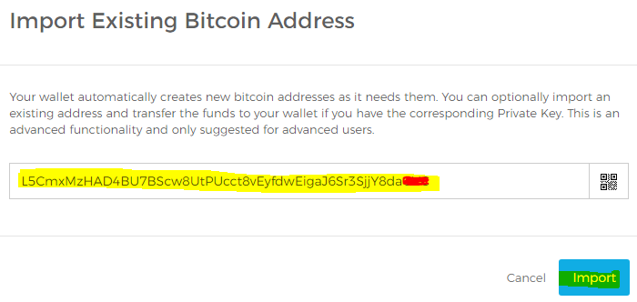 nhap private key vao blockchain info