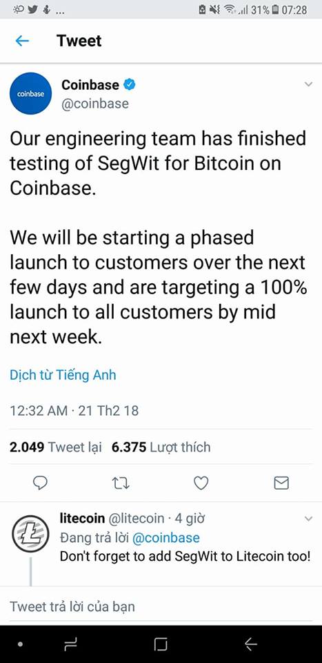 Coinbase ho tro segwit