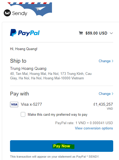 sendy thanh toan bang the visa
